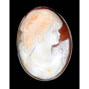 Vintage Hand Carved Shell Cameo Brooch Silver Setting .925